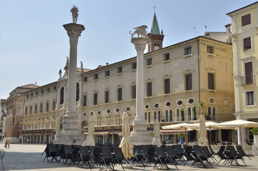 The two columns (at the right the winged lion, symbol of San Mark and the Republic of Venice) of  Lords Square in Vicenza, Italy. Vicenza has been enlisted as UNESCO World Heritage Site since 1994.