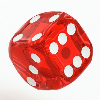 one red dice falling on a white background