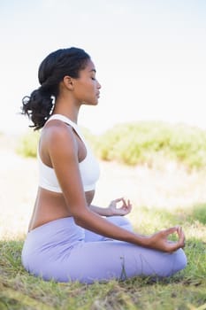 Fit woman sitting on grass in lotus pose with eyes closed on a sunny day in the countryside