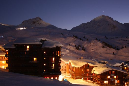 La Plagne alpine village at night
