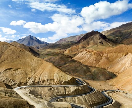 New winding road in the Himalayas mountains (Leh-Kargil road, India)