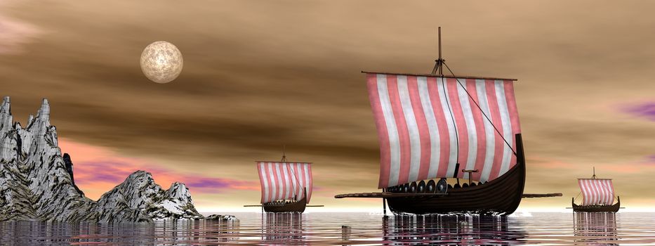 Three drakkars or viking ships floating on the ocean night -3D render