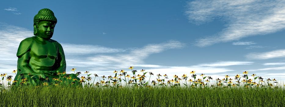 One green buddha sitting on the grass with flower by day - 3D render