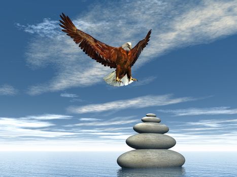 Eagle landing upon balanced pebbles - 3D render