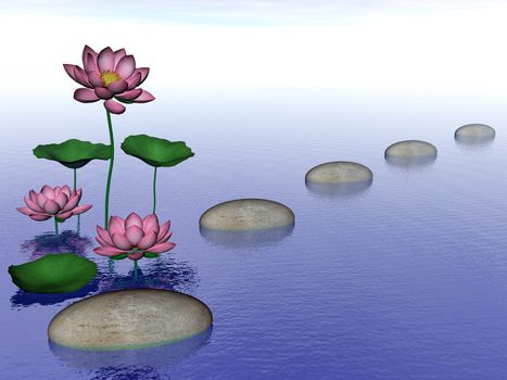 Pink lily flowers and leaves next to pebbles upon water by day - 3D render