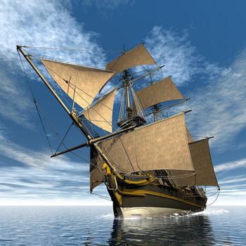 Beautiful detailed old Licorne ship floating on the ocean by day - 3D render