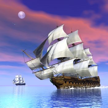 Beautiful detailed old merchant ships by colorful sunset - 3D render