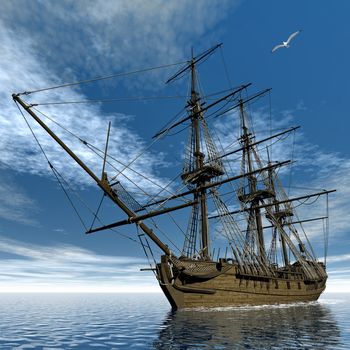 Beautiful detailed old french frigate Medusa, 1810, floating on the ocean by day next to seagulls - 3D render