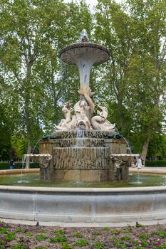 Madrid, Spain - May 6, 2012: Water fountain in the "Park of the Pleasant Retreat" (Retiro Park) on a spring day in Madrid, Spain