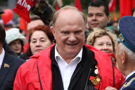 Moscow, Russia - May 9, 2012. March of communists on the Victory Day. Leader of communist party of Russia Gennady Zyuganov