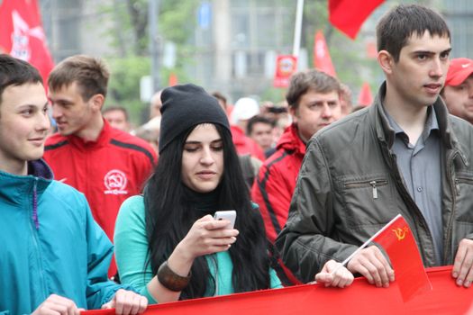 Moscow, Russia - May 9, 2012. March of communists on the Victory Day. 