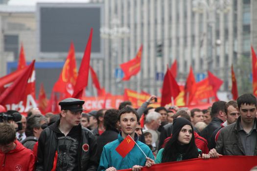 Moscow, Russia - May 9, 2012. March of communists on the Victory Day. 