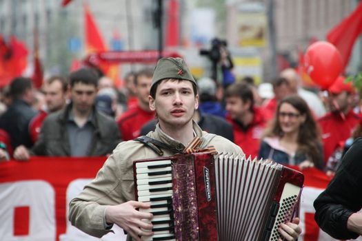 Moscow, Russia - May 9, 2012. March of communists on the Victory Day. 