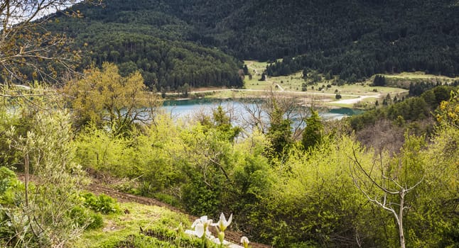 A blue lake in the mountains - landscape.