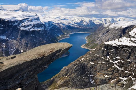 Close-up view of Trolltunga standing out from the mountain, Norway