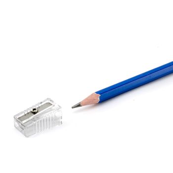 blue pencil with sharpener isolated on white background