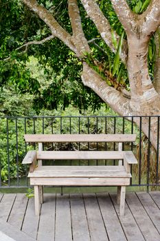 Wooden bench in terrace with green tree view