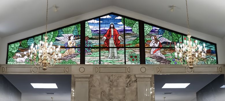 RALEIGH, NC - January 4, 2015: Stained glass window in the Raleigh Memorial Park Mausoleum of Raleigh, North Carolina, United States, on January 4, 2015