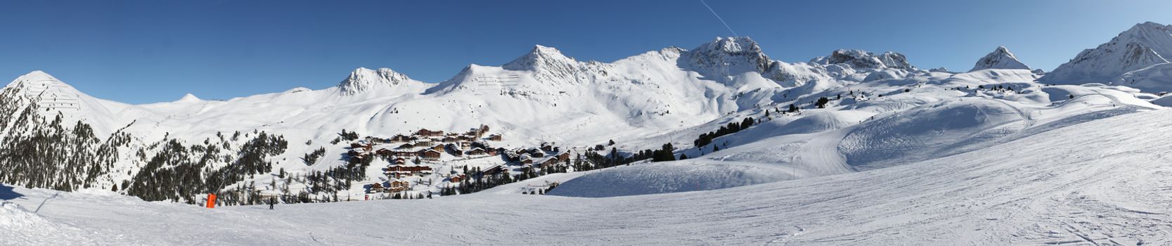 panorama of the ski resort village of la plagne