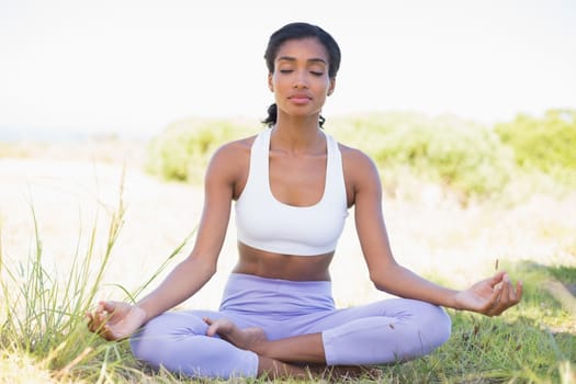 Fit woman sitting on grass in lotus pose with eyes closed on a sunny day in the countryside