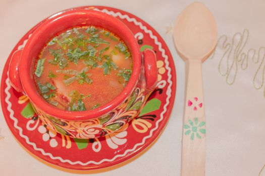 Traditional Romanian meat soup in traditional Romanian dishes