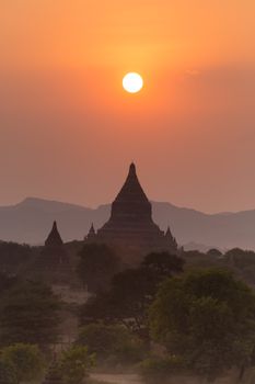 Sunset over temples of Bagan, an ancient city located in the Mandalay Region of Burma, Myanmar, Asia.