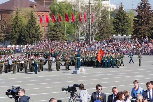 Samara, Russia - May 9: Russian military orchestra march at the parade on annual Victory Day, May, 9, 2014 in Samara, Russia.