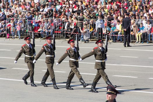 Samara, Russia - May 9: Russian soldiers march at the parade on annual Victory Day, May, 9, 2014 in Samara, Russia.
