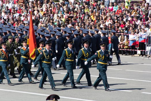 Samara, Russia - May 9: Russian soldiers march at the parade on annual Victory Day, May, 9, 2014 in Samara, Russia.
