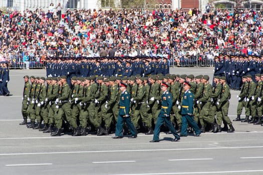 Samara, Russia - May 9: Russian soldiers march at the parade on annual Victory Day, May, 9, 2014 in Samara, Russia.

