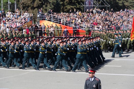 Samara, Russia - May 9: Russian soldiers march at the parade on annual Victory Day, May, 9, 2014 in Samara, Russia.
