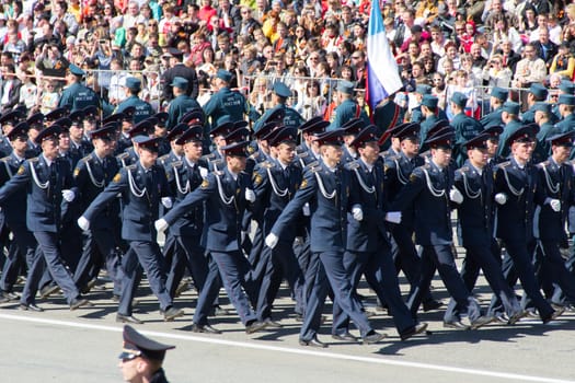 Samara, Russia - May 9: Russian soldiers march at the parade on annual Victory Day, May, 9, 2014 in Samara, Russia.
