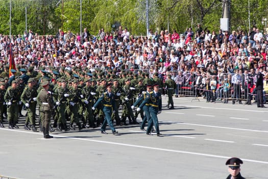 Samara, Russia - May 9: Russian soldiers march at the parade on annual Victory Day, May, 9, 2014 in Samara, Russia.
