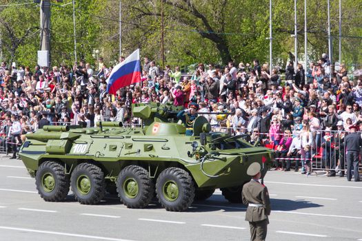 Samara, Russia - May 9: Russian military transport at the parade on annual Victory Day, May, 9, 2014 in Samara, Russia.