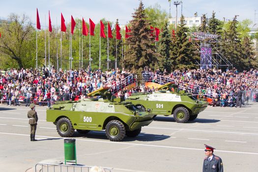 Samara, Russia - May 9: Russian military transport at the parade on annual Victory Day, May, 9, 2014 in Samara, Russia.
