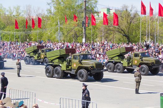 Samara, Russia - May 9: Russian military transport at the parade on annual Victory Day, May, 9, 2014 in Samara, Russia.