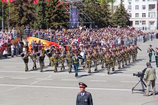 Samara, Russia - May 9: Russian military orchestra march at the parade on annual Victory Day, May, 9, 2014 in Samara, Russia.