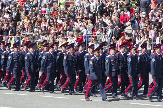 Samara, Russia - May 9: Russian soldiers march at the parade on annual Victory Day, May, 9, 2014 in Samara, Russia.
