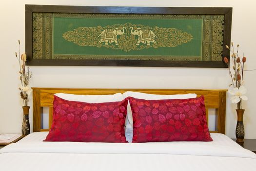 Modern Asian-style bed with nice silk screen with frame in bedroom- home interiors