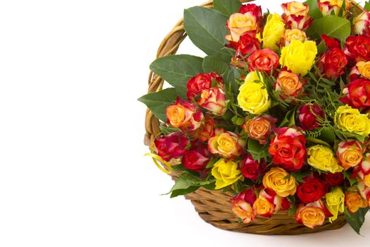 A bouquet of multicolored roses in a basket