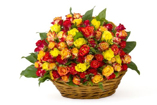 A bouquet of multicolored roses in a basket