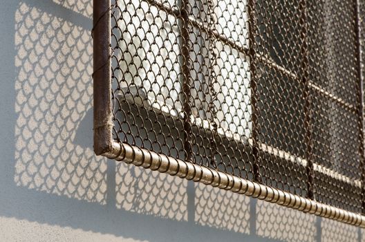 Window with security grate in soft sunlight light.