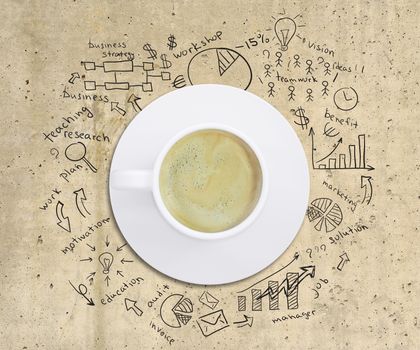 Business strategy infographics option drawn around coffee cup, on smooth stone surface, top view