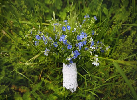 blue bouquet lies on the green grass.