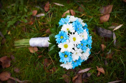 white and blue flowers. wedding bouquet lying on green grass.