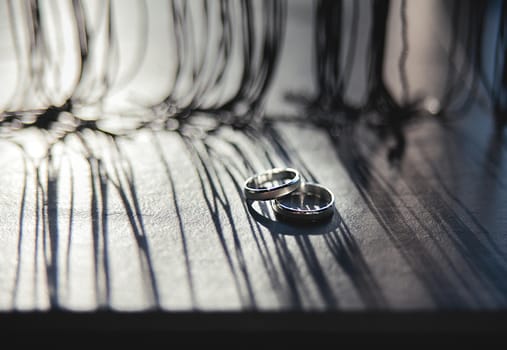 Wedding rings on a wooden board, with long shadows from drapery.