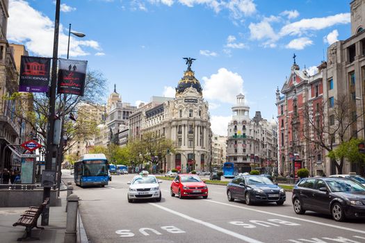 Madrid, Spain - May 6, 2012: Metropolis Building (Edificio Metropolis) and Grassy Building (Edificio Grassy) famous Beaux-Arts style of Madrid, Spain