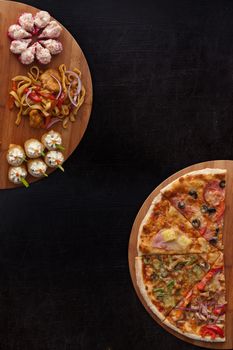 composition at plate by pizza and sushi for fast food illustration 