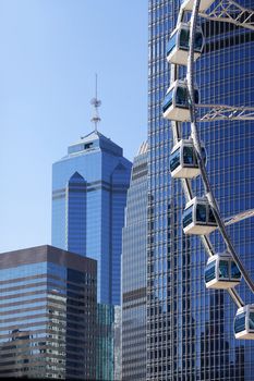 Ferris wheel on a background of tall buildings in HONG KONG