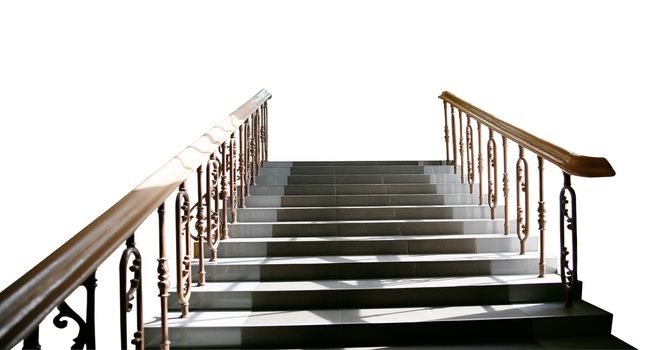 Flight of stairs with railings leading up isolated on white background